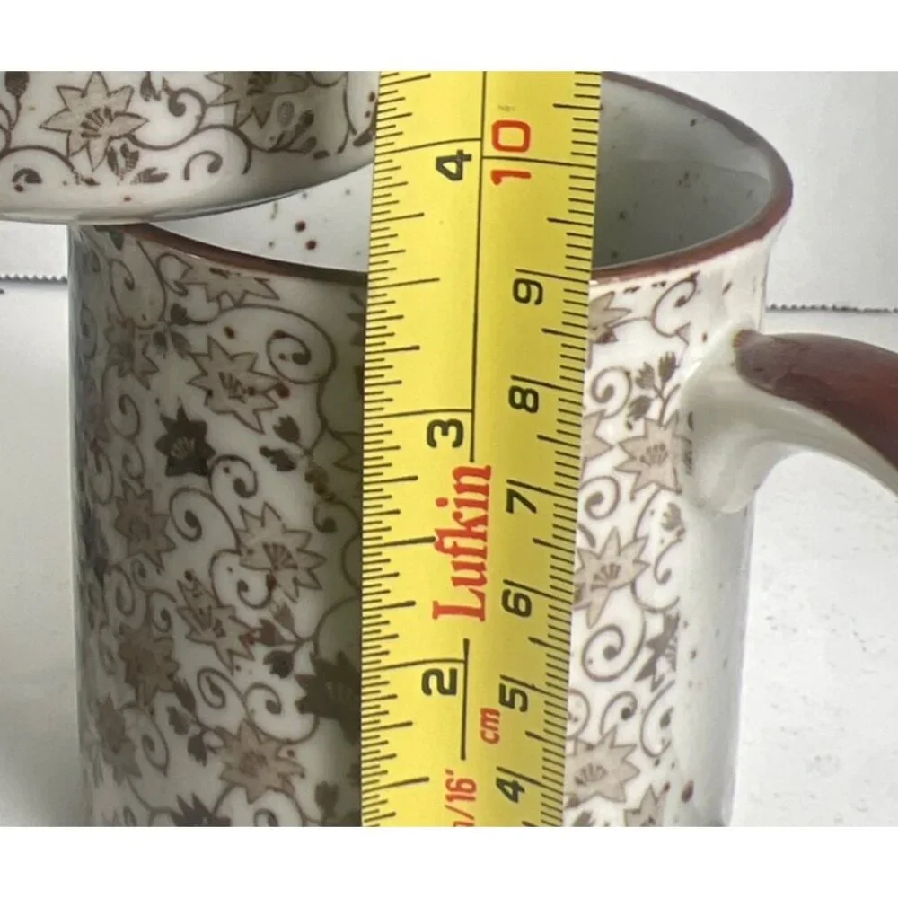 Chintz Calico Ceramic Coffee Mugs 6 Brown & White Earthtone Floral‎ Speckl